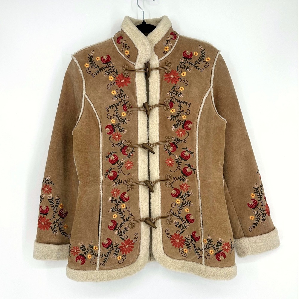St. John's Bay Tan Suede Embroidered Toggle Coat with Cream Shearling Trim - Picture 3 of 17